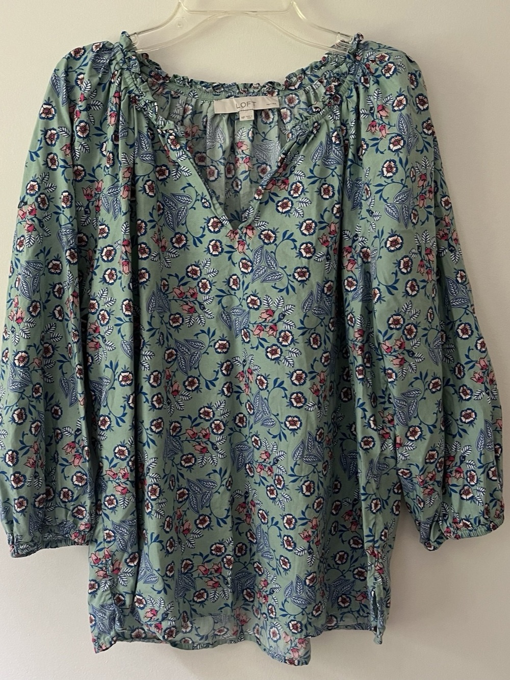 LOFT Floral V-Neck Blouse Medium Petite Teal Blue 3/4 Sleeve Cotton Modal